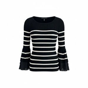 White House Black Market Striped Ribbed Sweater Bell Sleeve Black White XS